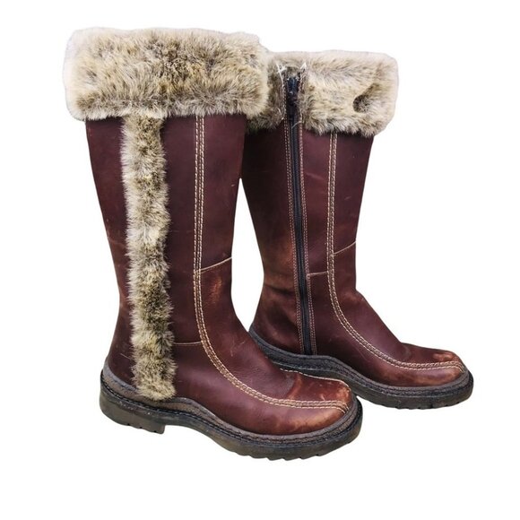 BOS & CO Brown Leather Fur Knee high Winter Boots Women Size  7 - Picture 6 of 16